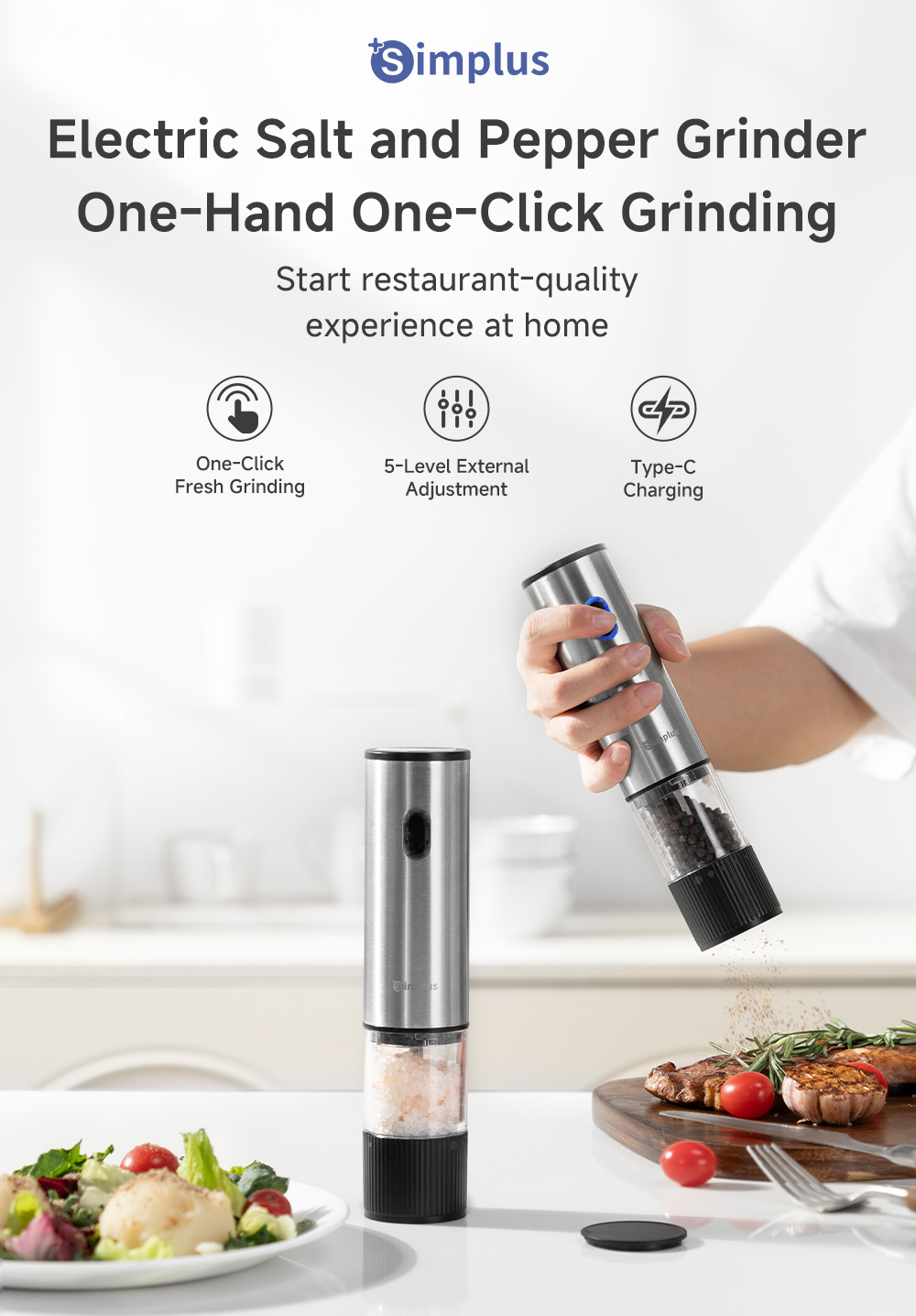 Simplus Electric Salt and Pepper Grinder | 5 Levels Adjustment | Type-C ...