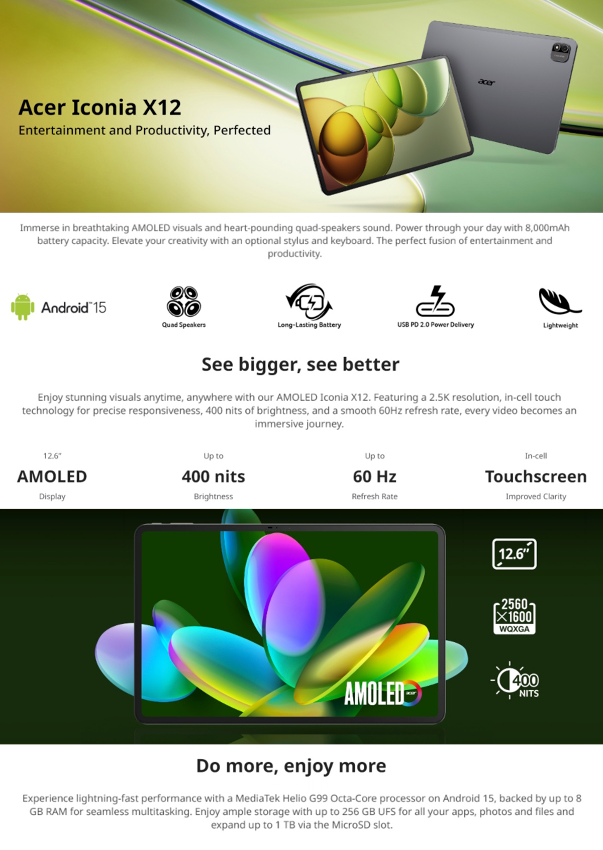 Acer Iconia Tab X12 | X12-21M-86DD 12.6-inch WQXGA AMOLED Display ...