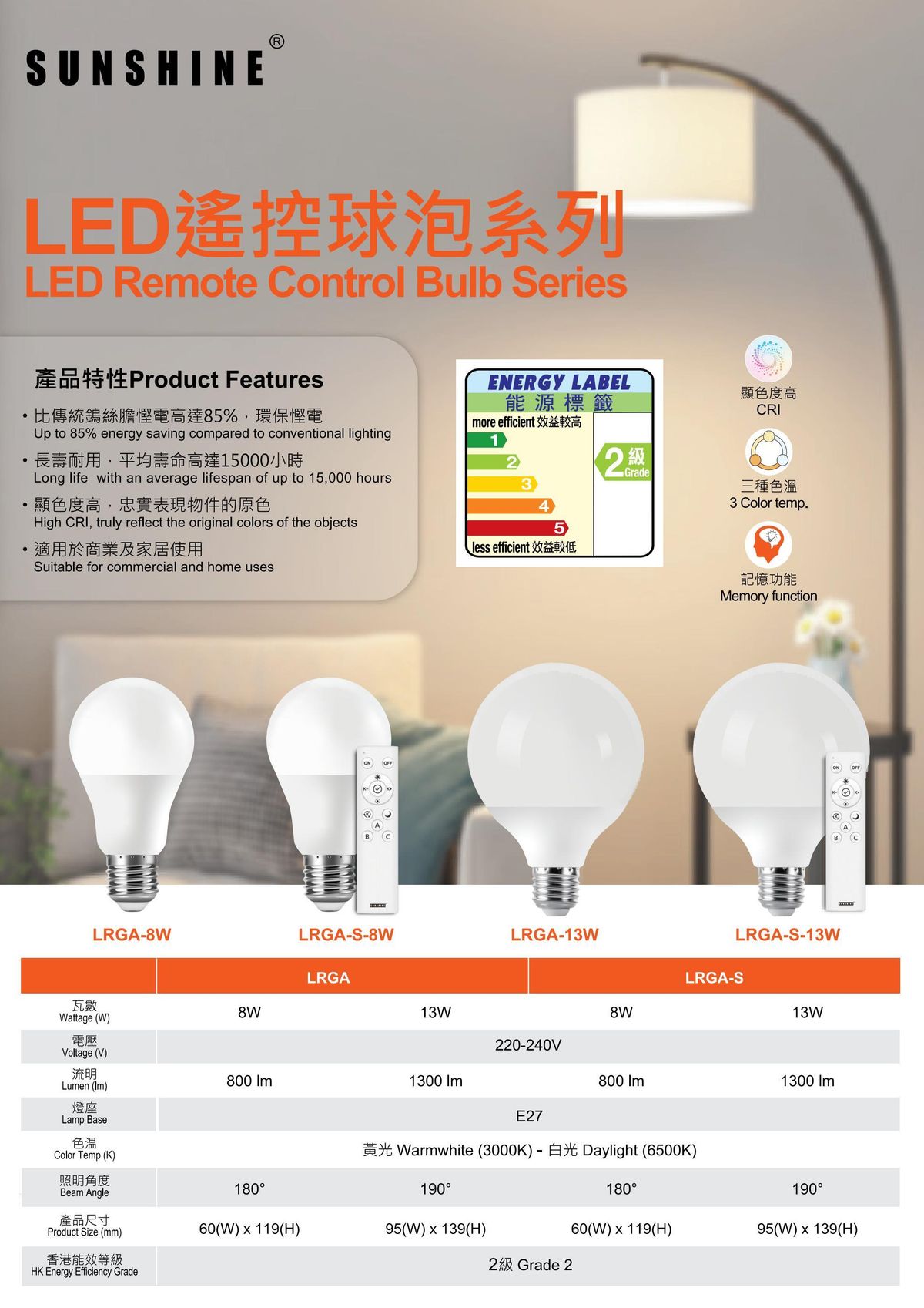 SUNSHINE Remote Control LED Bulb SET 8W E27 Dimming 3 Color-Temp 3000K ...