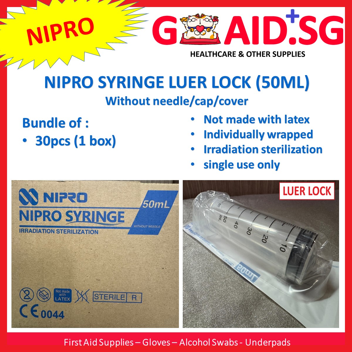 Sterile Nipro Syringe Luer Lock (sell by per box = 30s) (50ml) without ...