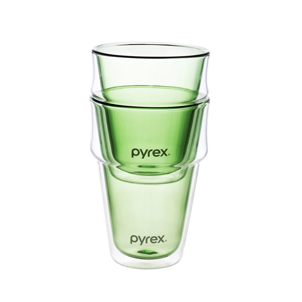 PYREX 2pc Stackable Double Wall Glass Set – Pink/Green | Shopee Singapore