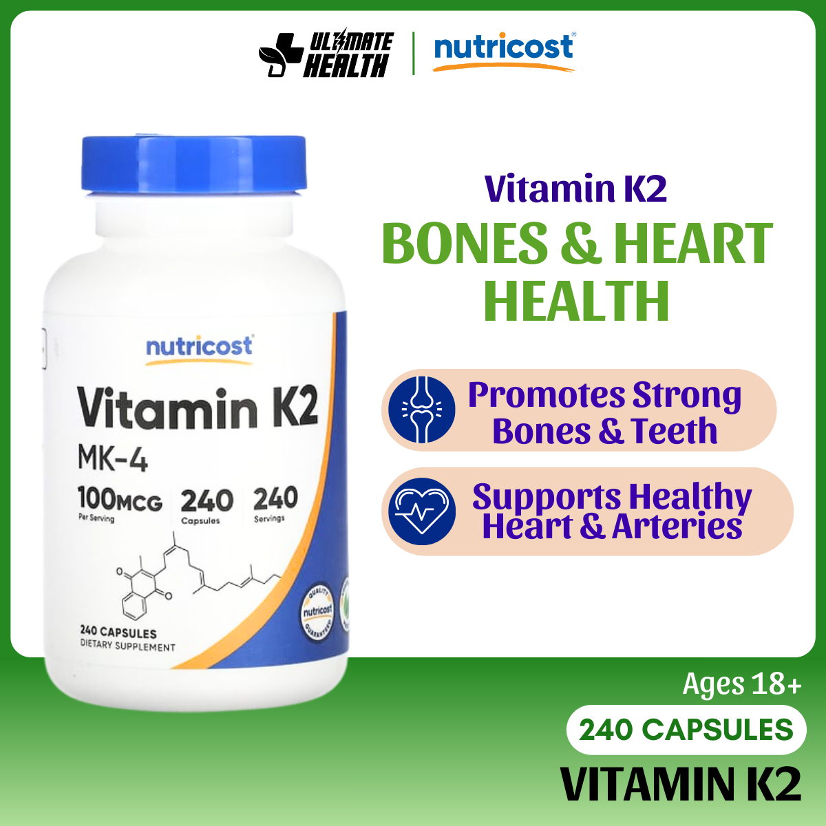 Nutricost Vitamin K2 Mk 4 100mcg Bone Heart And Artery Support 240 