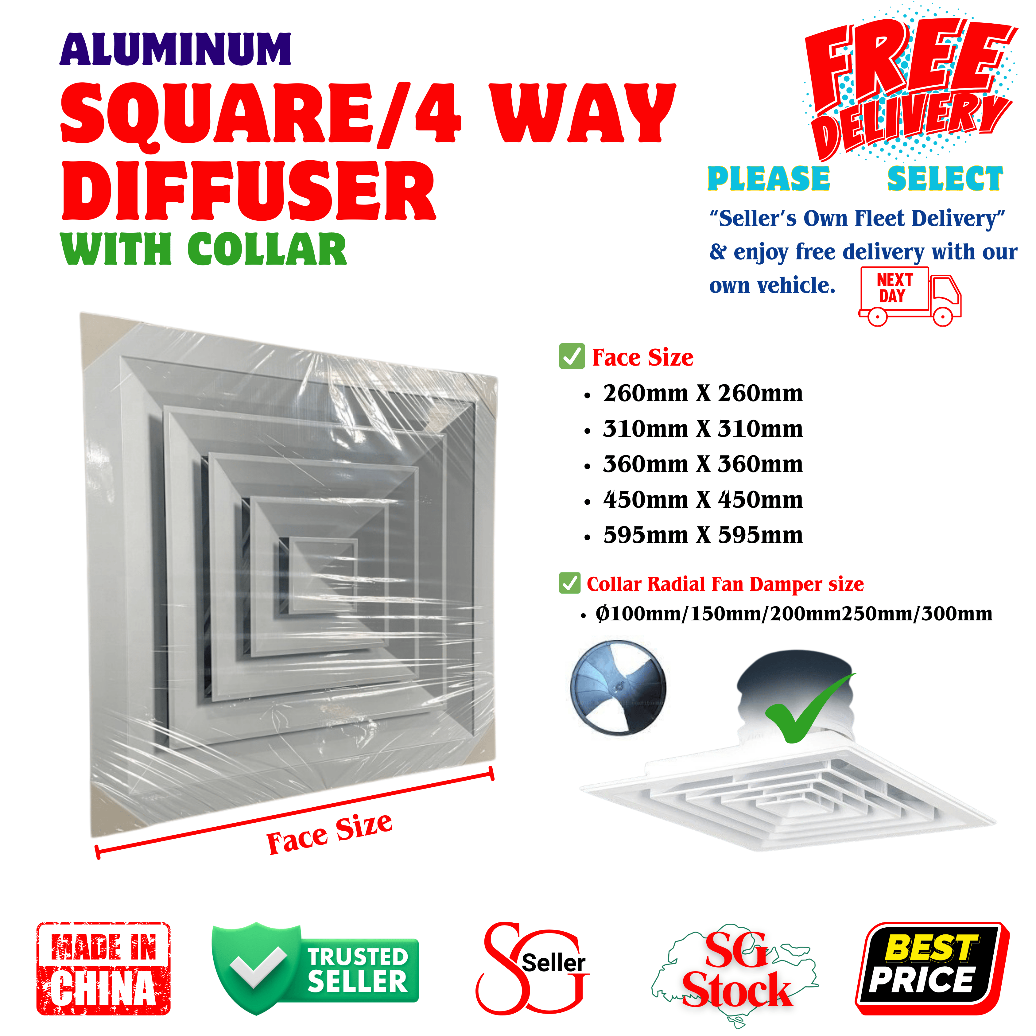 Aluminum 4 Way Diffuser with Collar Radial Fan #Pawleck Square Ceiling ...