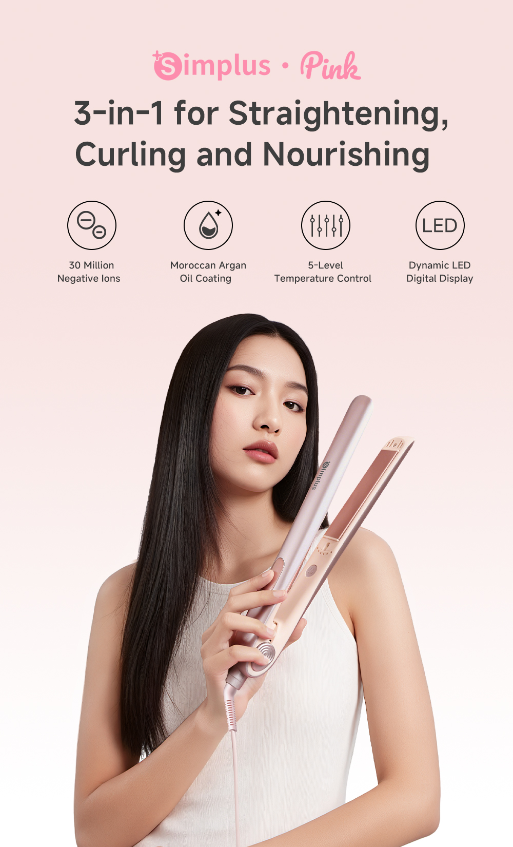【NEW】Simplus Pink Hair Straightener | 3-in-1 for Straightening, Curling ...