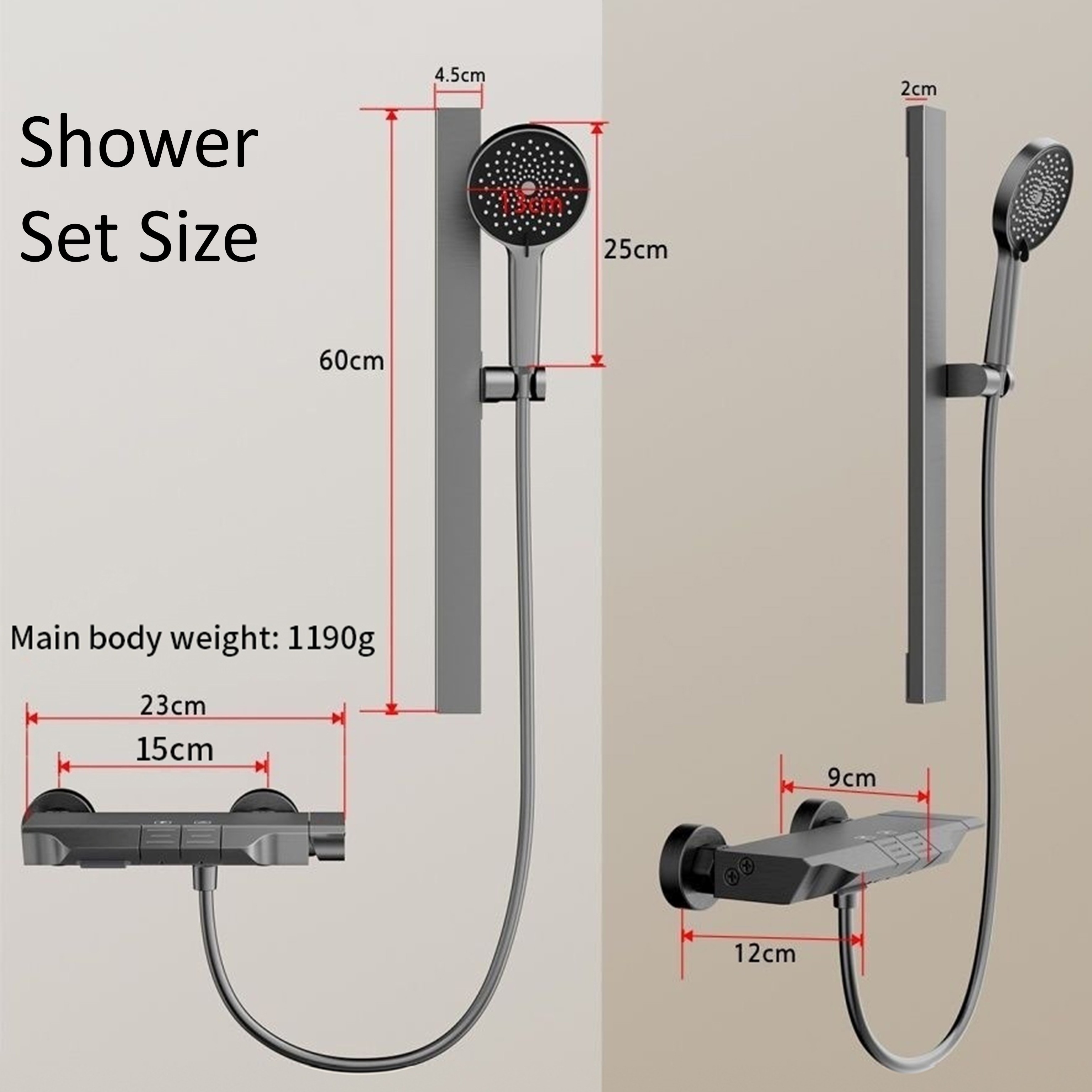 Metal Gray LED Shows Water Temperature Four Level Button Rain Bathroom ...