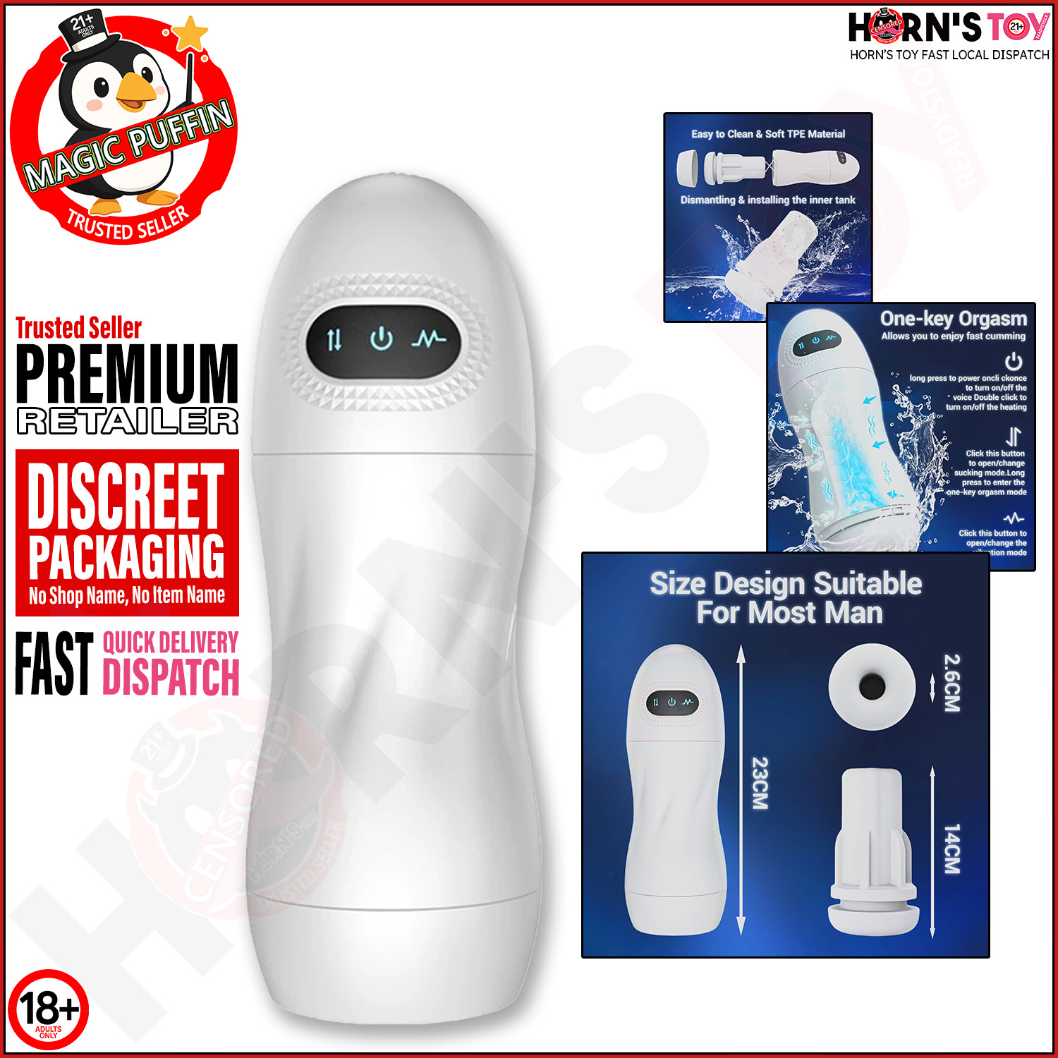MAGIC PUFFIN Automatic Male Masturbator Cup Heating Warming Vibrating ...