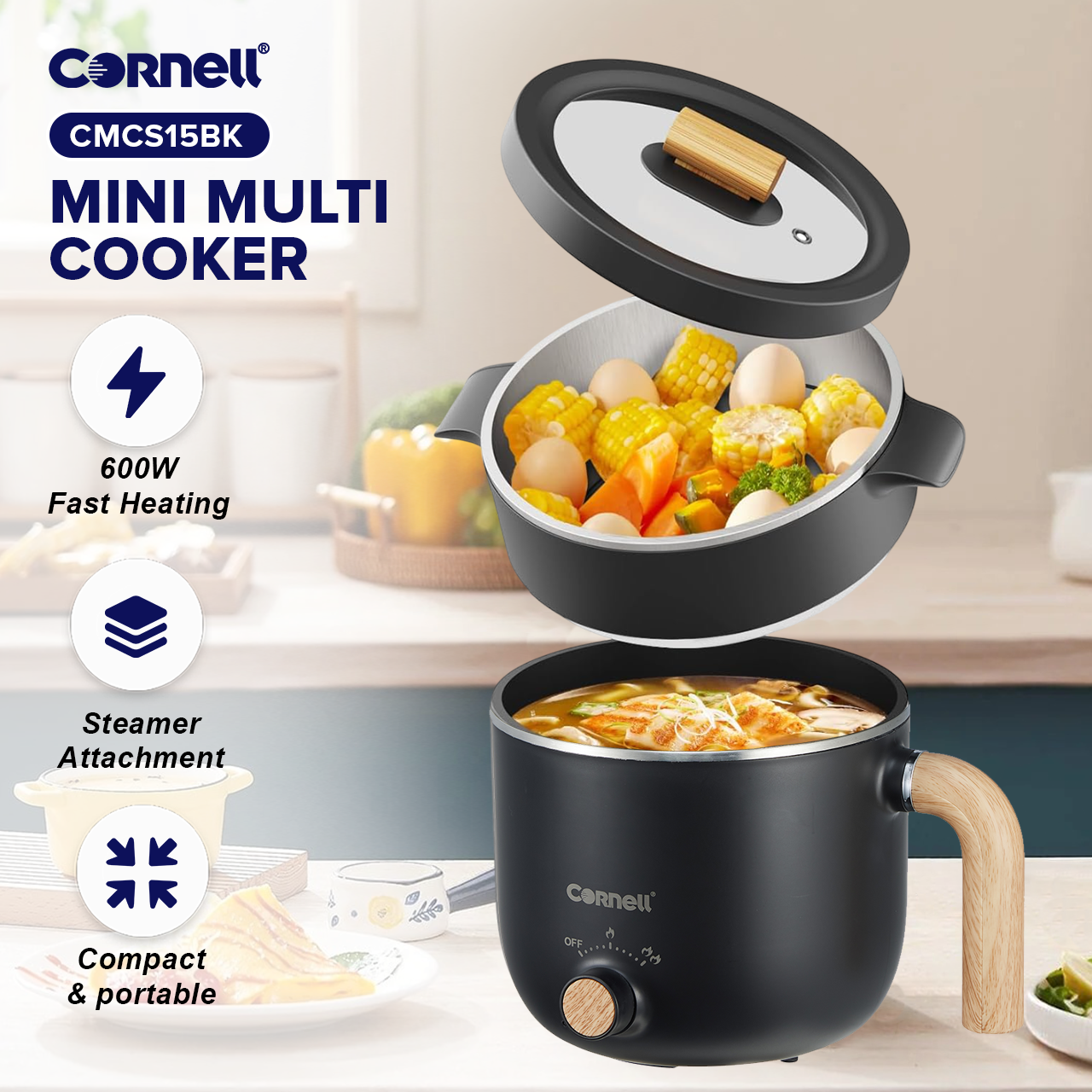 Cornell 1.5L Mini Multi Cooker with Steam Tray Personal Steamboat ...