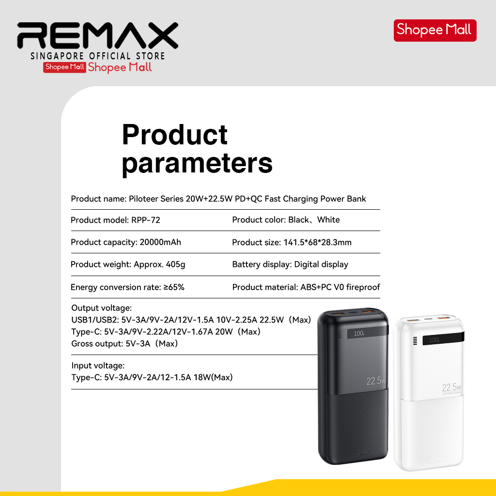 [Remax Energy] RPP-72 Piloteer Series 20W+22.5W Fast Charging Power ...