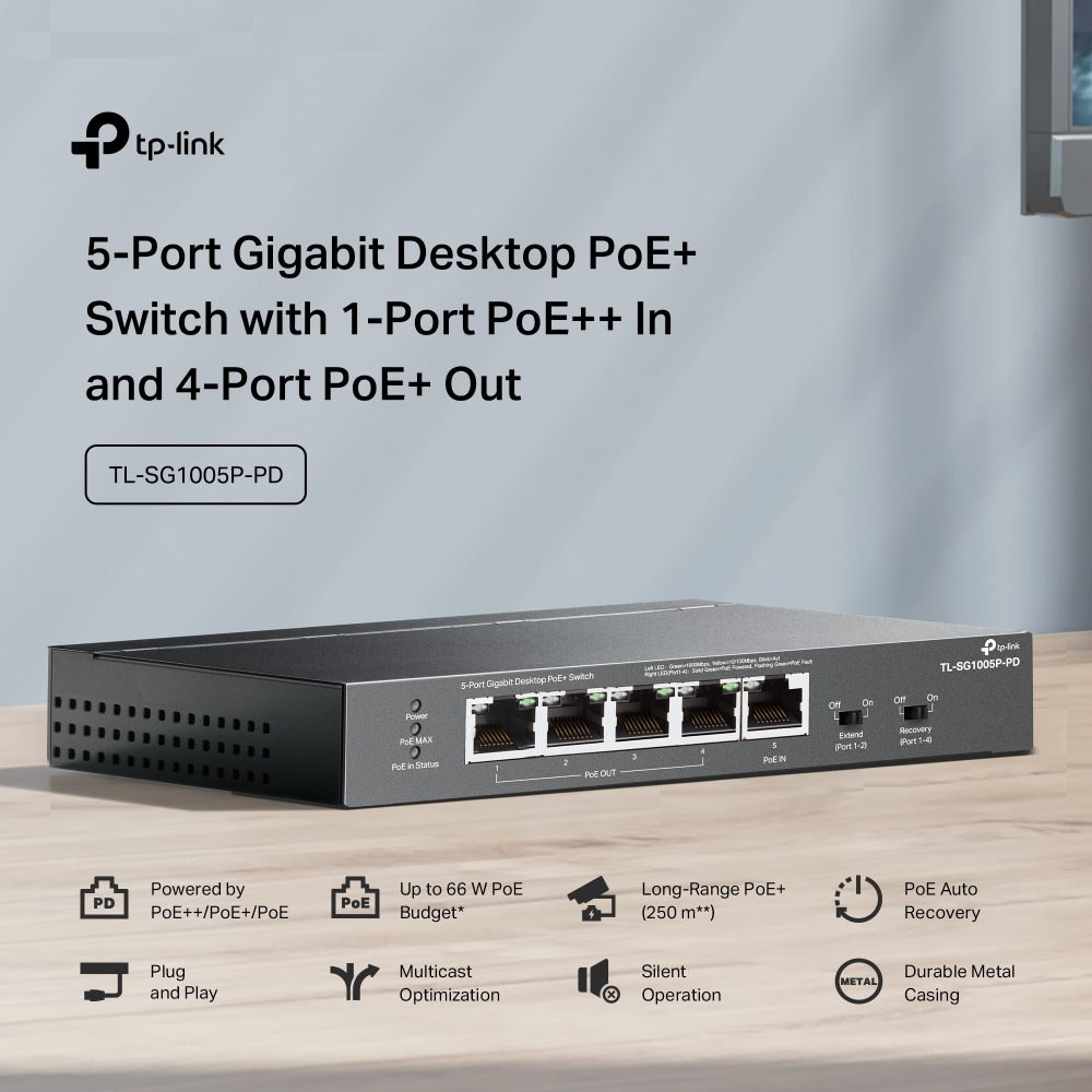 TP-Link TL-SG1005P-PD 5-Port Gigabit Desktop PoE+ Switch with 1-Port ...