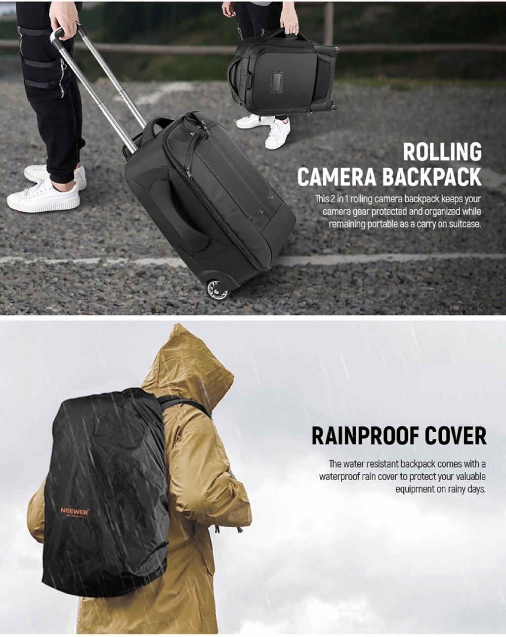 Neewer 2-in-1 Convertible Wheeled Camera Backpack Luggage Trolley Case ...