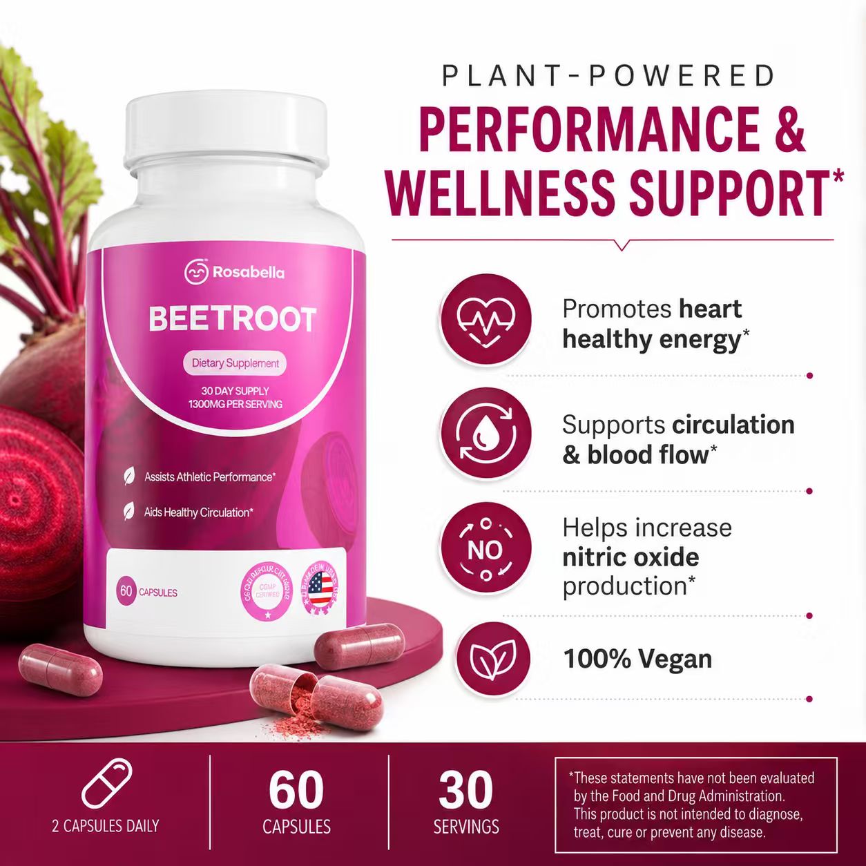Rosabella Beetroot Dietary Supplement 60 Capsules Organic Beetroot ...