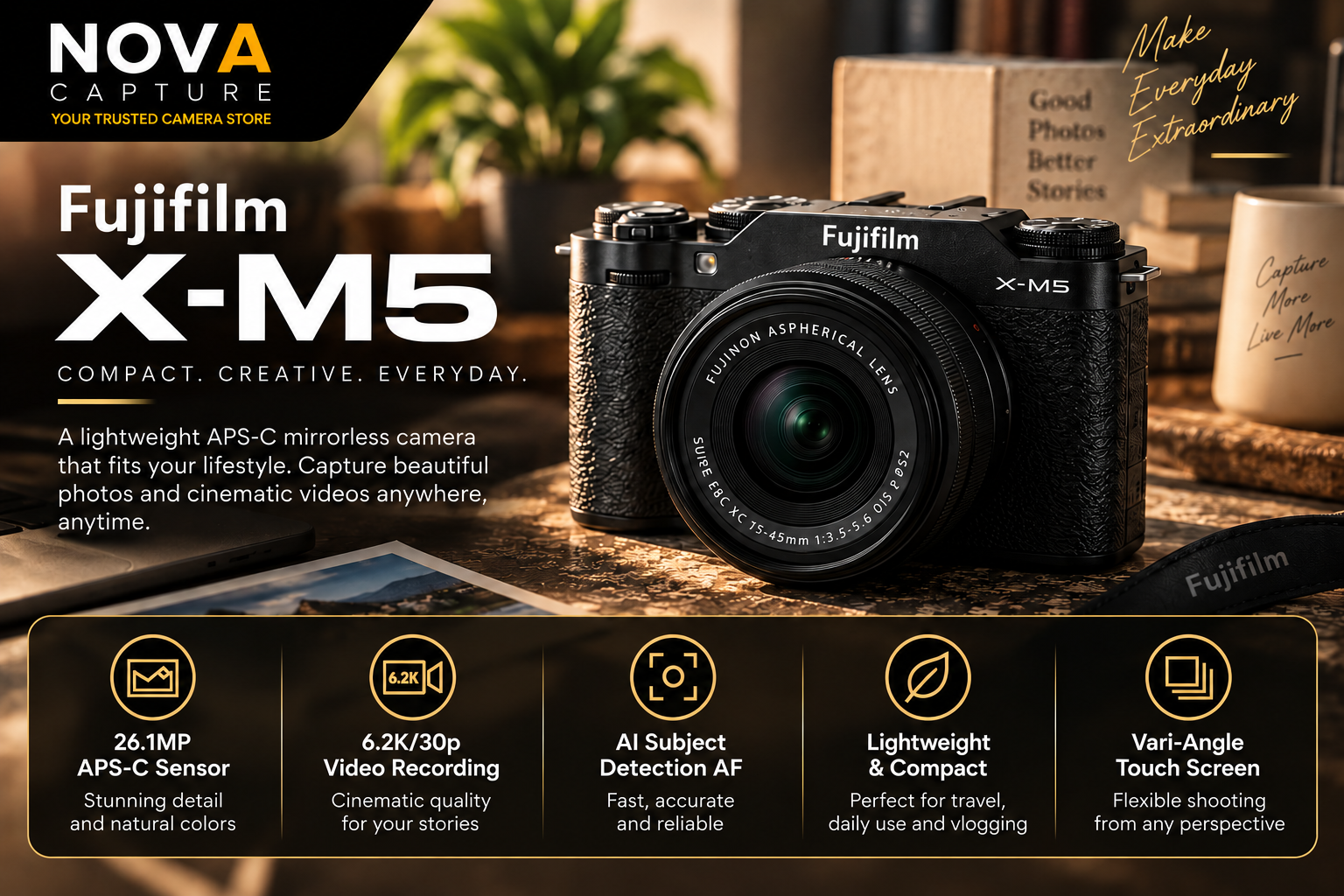 【Ready Stock】Fujifilm X‑M5 Black APS‑C Mirrorless Camera, Choose Body ...