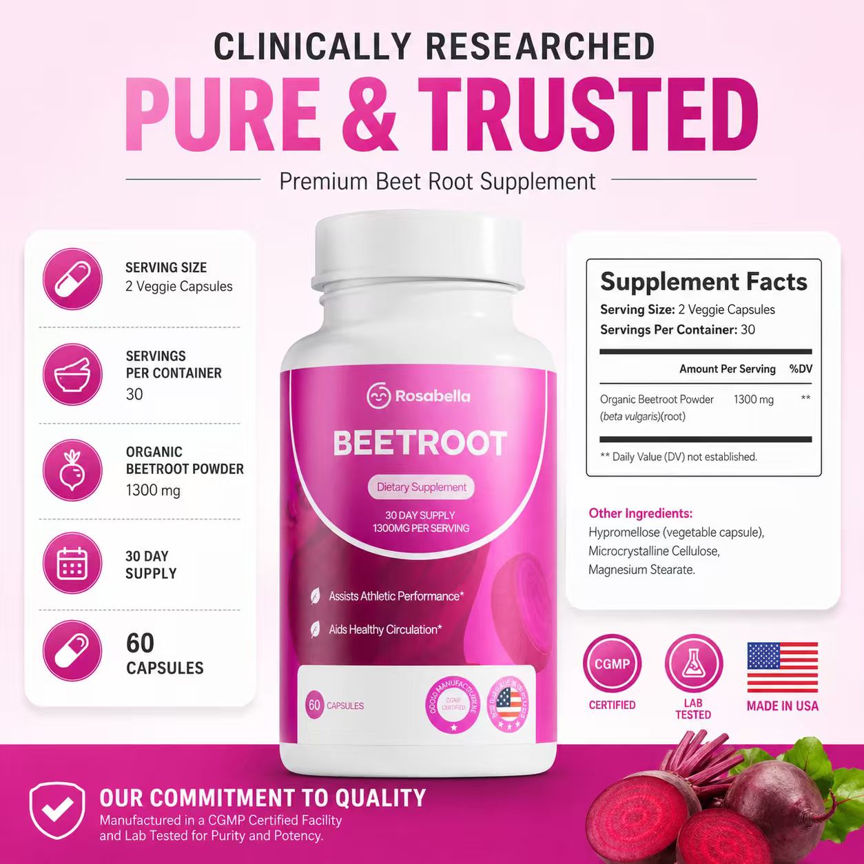 Rosabella Beetroot Dietary Supplement 60 Capsules Organic Beetroot ...