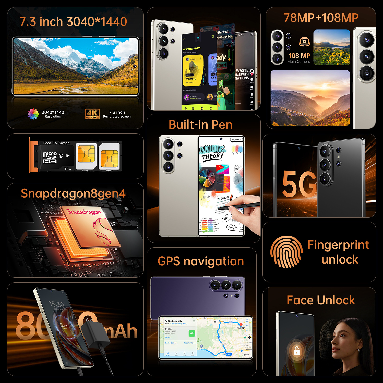 Big Screen Android Smartphone Storage 8000mAh Battery 108MP HD Camera ...