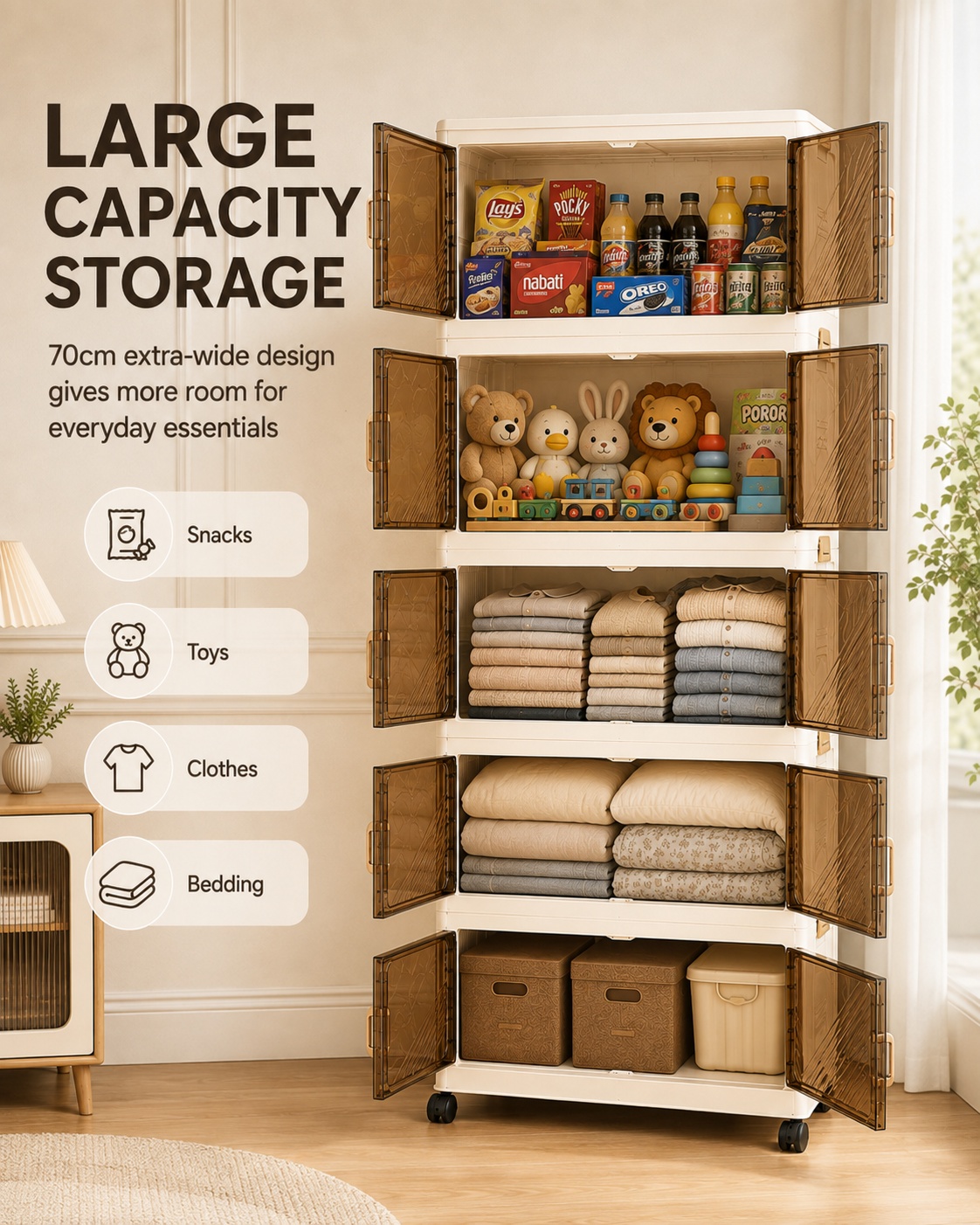 【SG Stock】70CM Wide Foldable Storage Cabinet Large Capacity Transparent ...