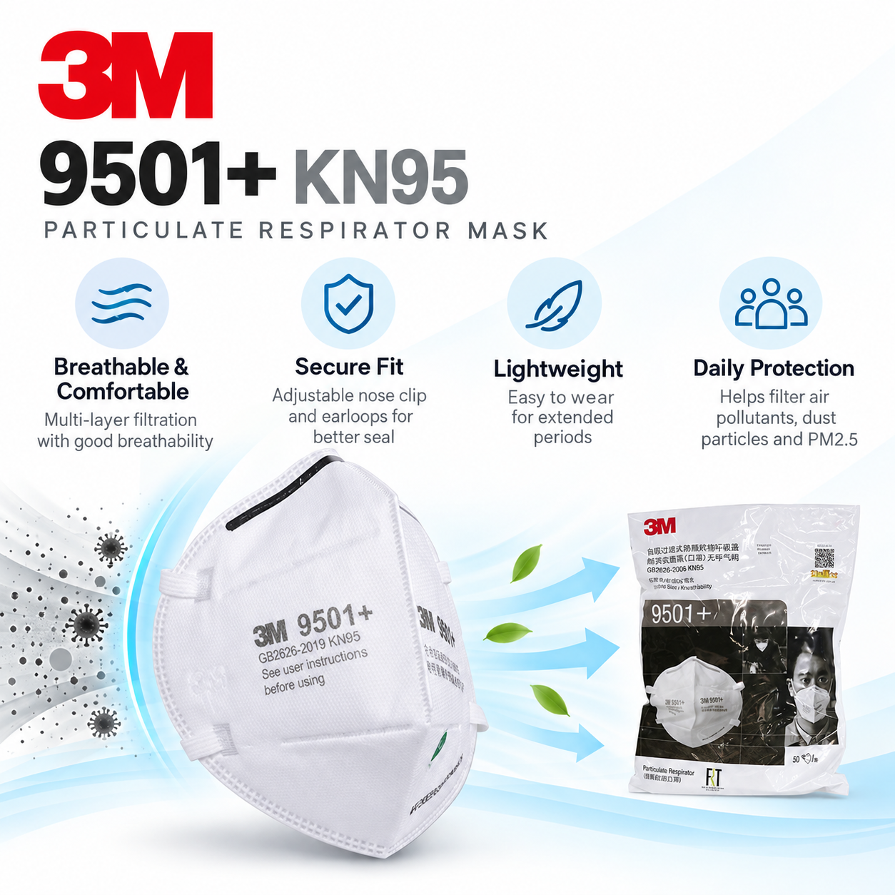 3M 9501+ KN95 Face Mask 50PCS/Bag, Earloop Particulate Respirator with ...