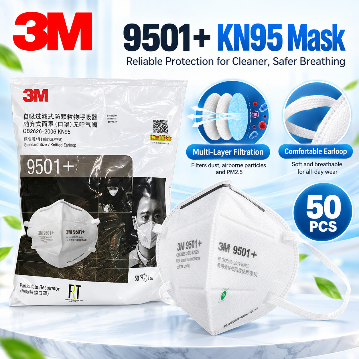 3M 9501+ KN95 Face Mask 50PCS/Bag, Earloop Particulate Respirator with ...
