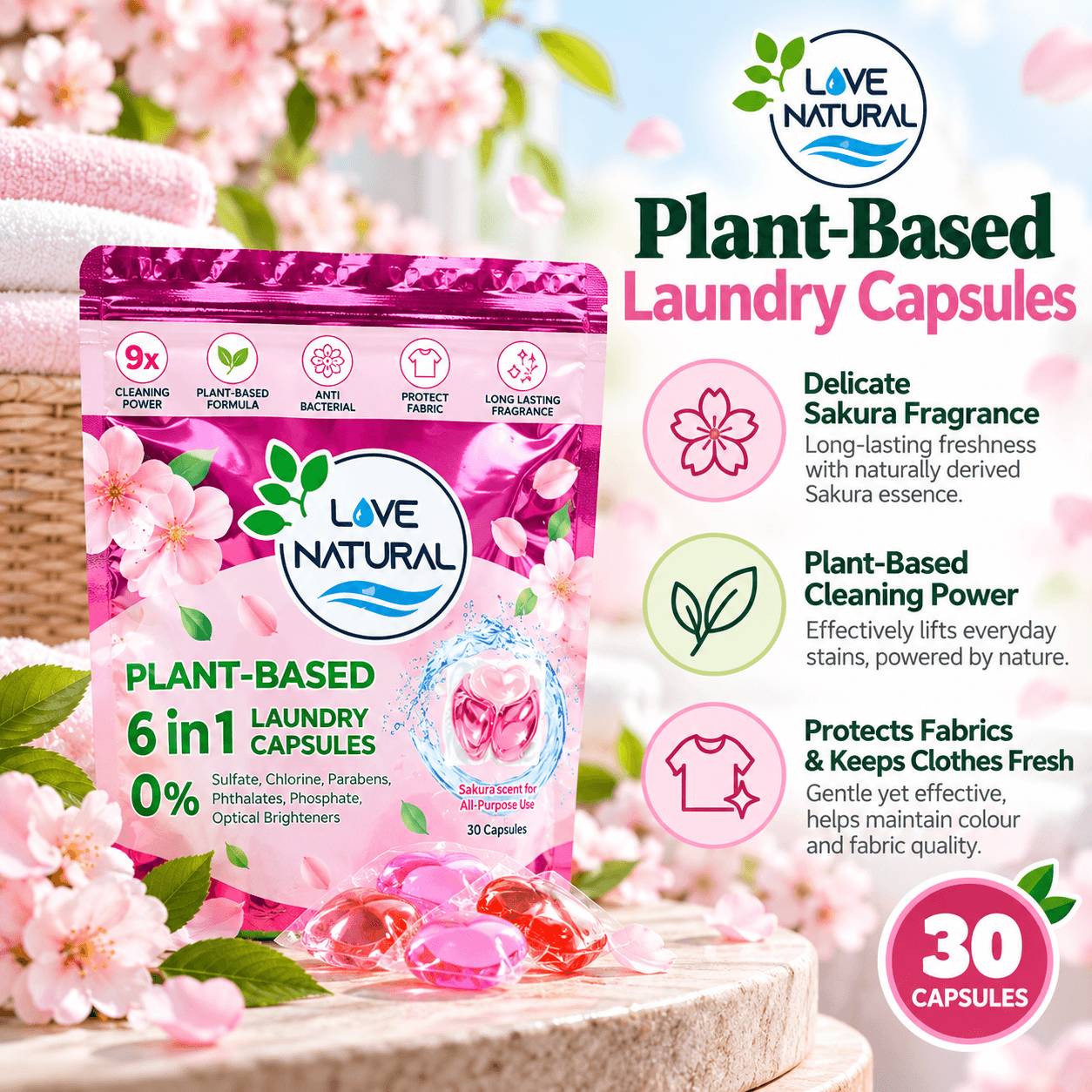 【BUY 4 FREE 1】LoveNatural Laundry Detergent Capsules Pods | Low Suds ...