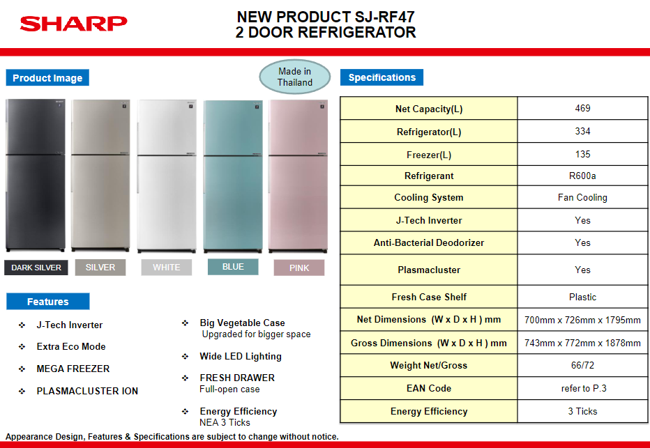 SHARP SJ-RF47E 469L DARK SILVER / SILVER / WHITE / BLUE / PINK J-TECH ...