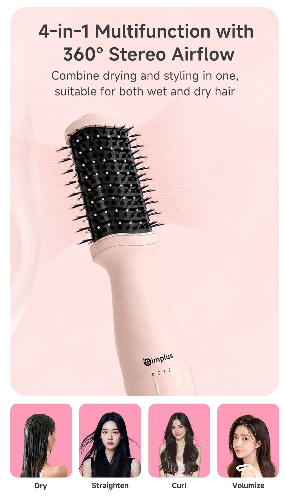 Simplus Pink Hot Air Brush | Wet& Dry Use | 3-Speed Temperature Control ...