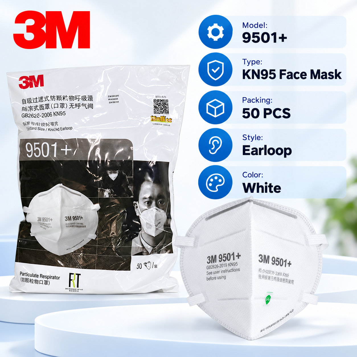 3M 9501+ KN95 Face Mask 50PCS/Bag, Earloop Particulate Respirator with ...