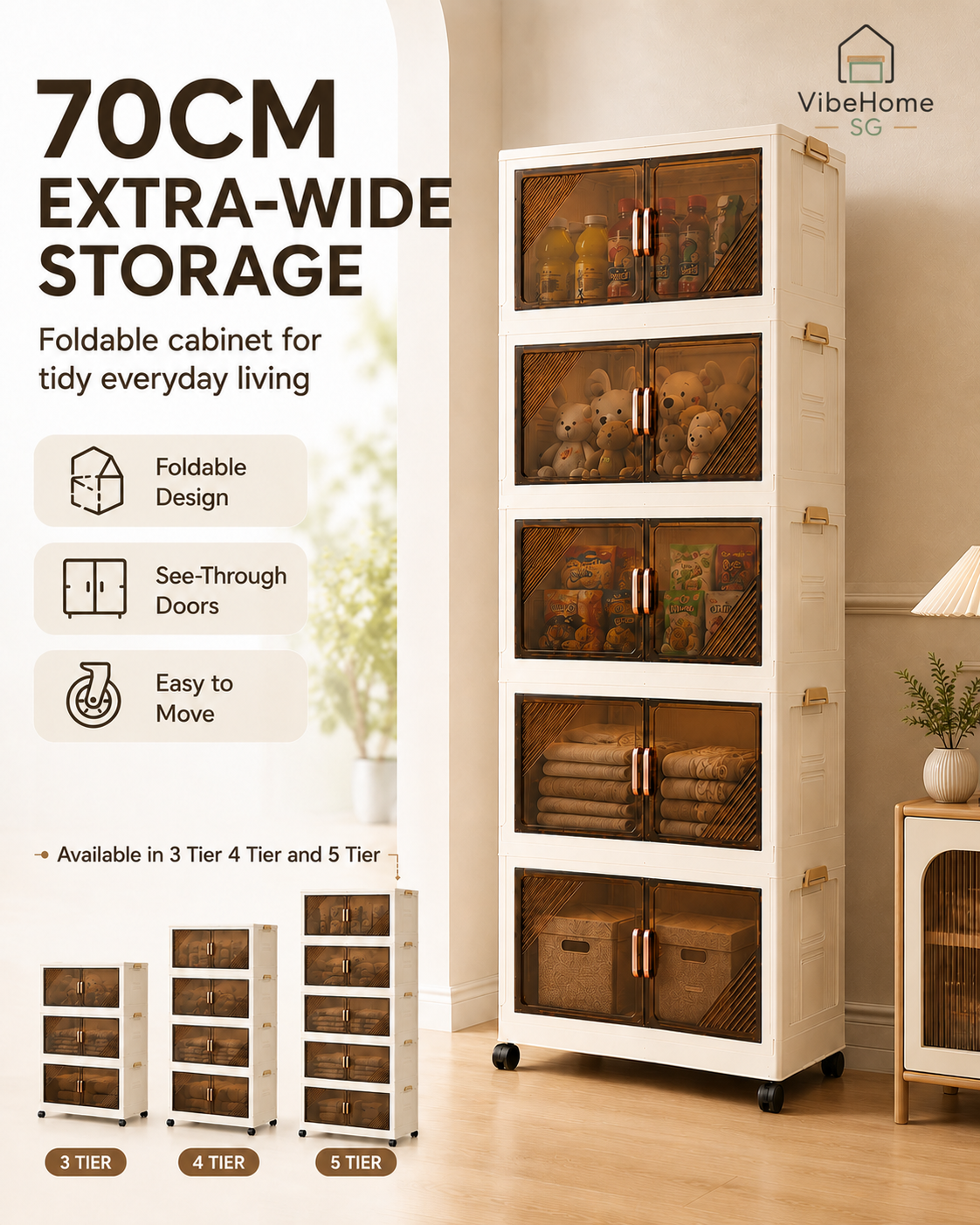 【SG Stock】70CM Wide Foldable Storage Cabinet Large Capacity Transparent ...