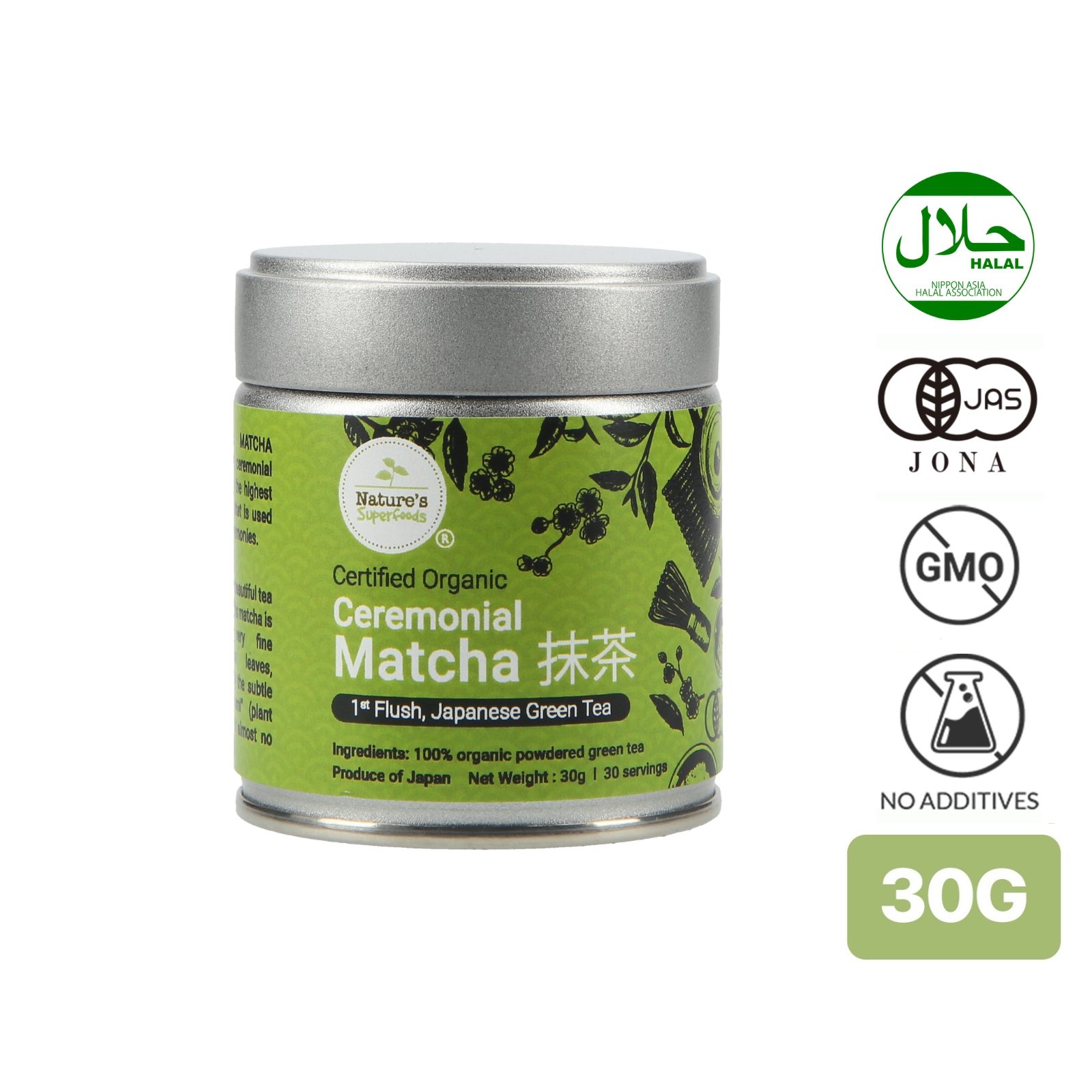 Nature's Superfoods Organic Ceremonial Matcha Powder Top Grade 30g Tin ...