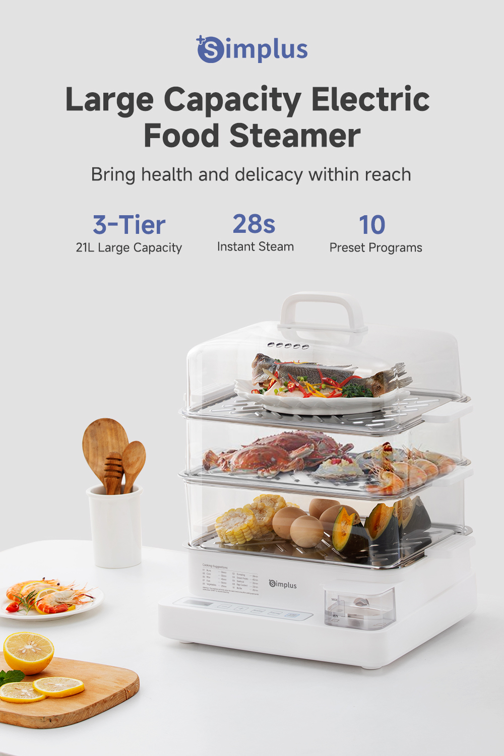 Simplus Electric Food Steamer | 3-Tier 21L Capacity | 1300W Power ...