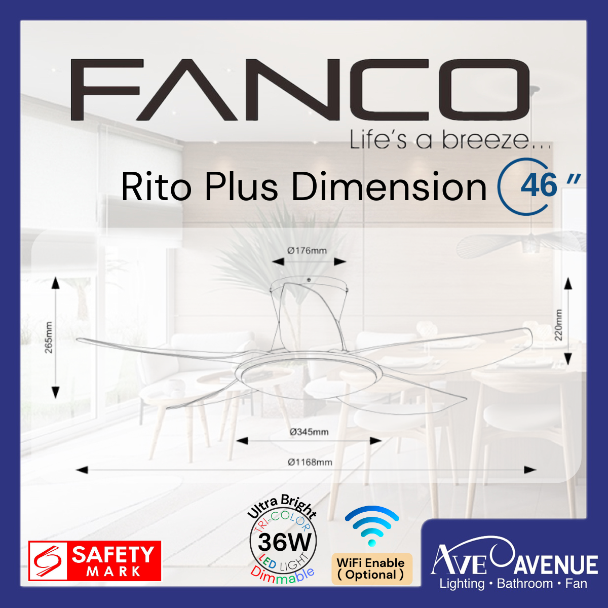 Fanco Rito Plus DC Motor Ceiling Fan Smart Wi-Fi 5 Blade 46/56 Inch ...