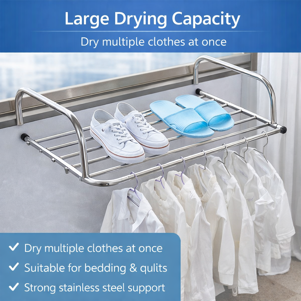 Stainless Steel Folding Drying Rack Balcony Clothes Drying Hanger Space ...