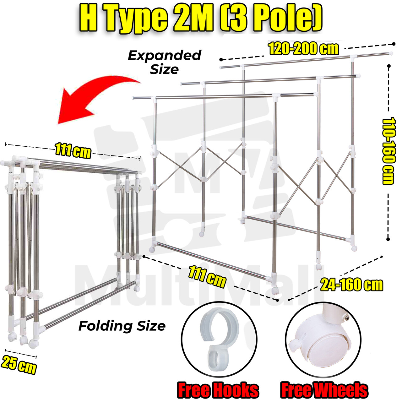 Clothes Drying H- Type 2M Three Pole Laundry Rack Laundry Rack Stand ...