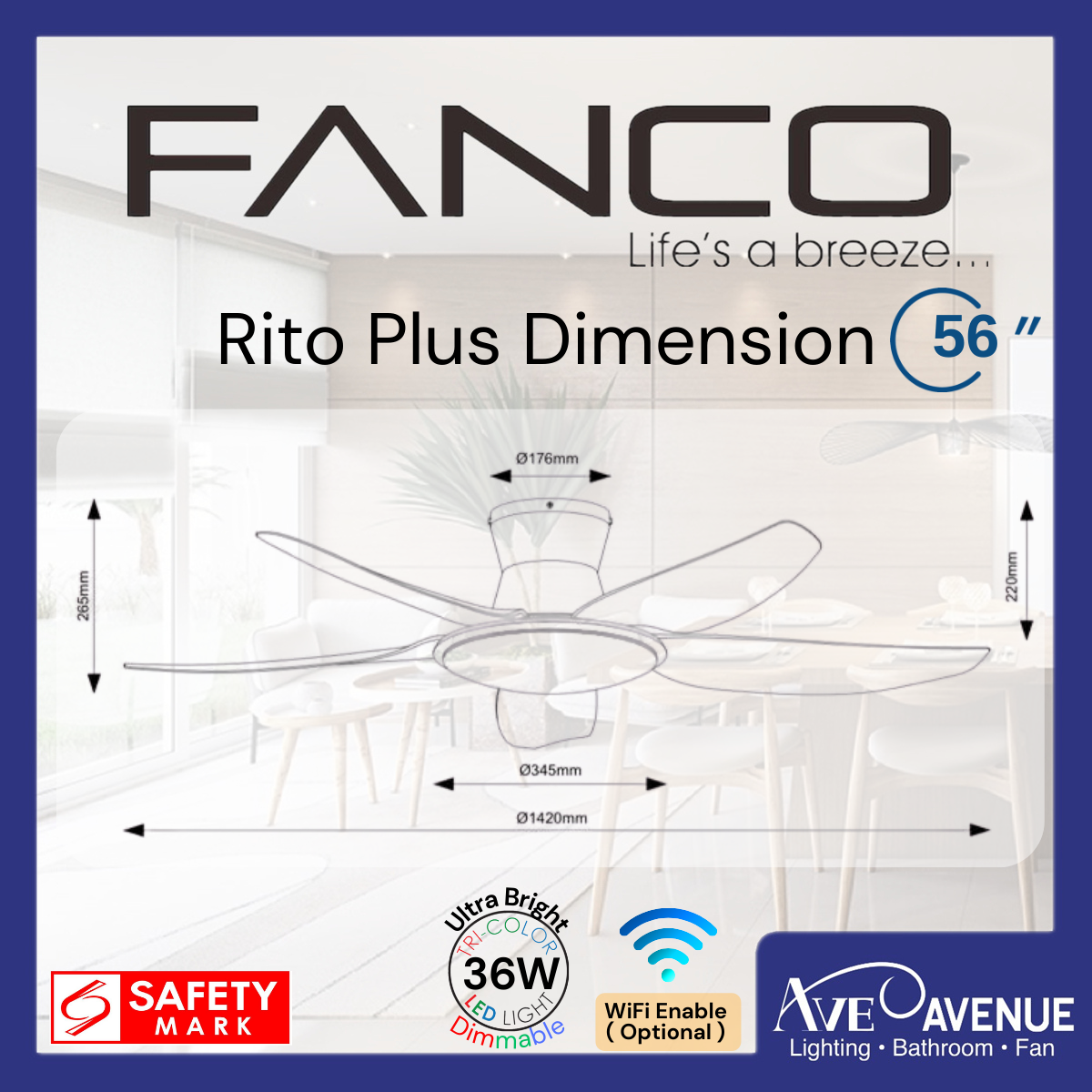 Fanco Rito Plus DC Motor Ceiling Fan Smart Wi-Fi 5 Blade 46/56 Inch ...