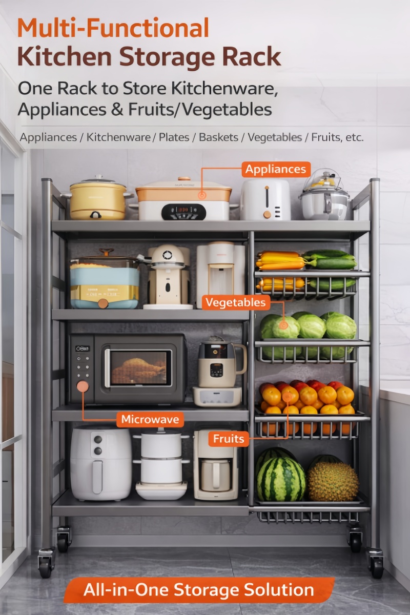 【SG Stock】Stainless Steel Kitchen Rack with Wheels Vegetable&Fruit ...