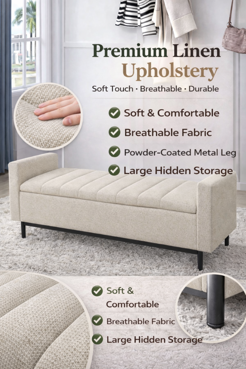 CHF ELLA Large Hidden Storage Bench Chair With Metal Leg color: Beige ...
