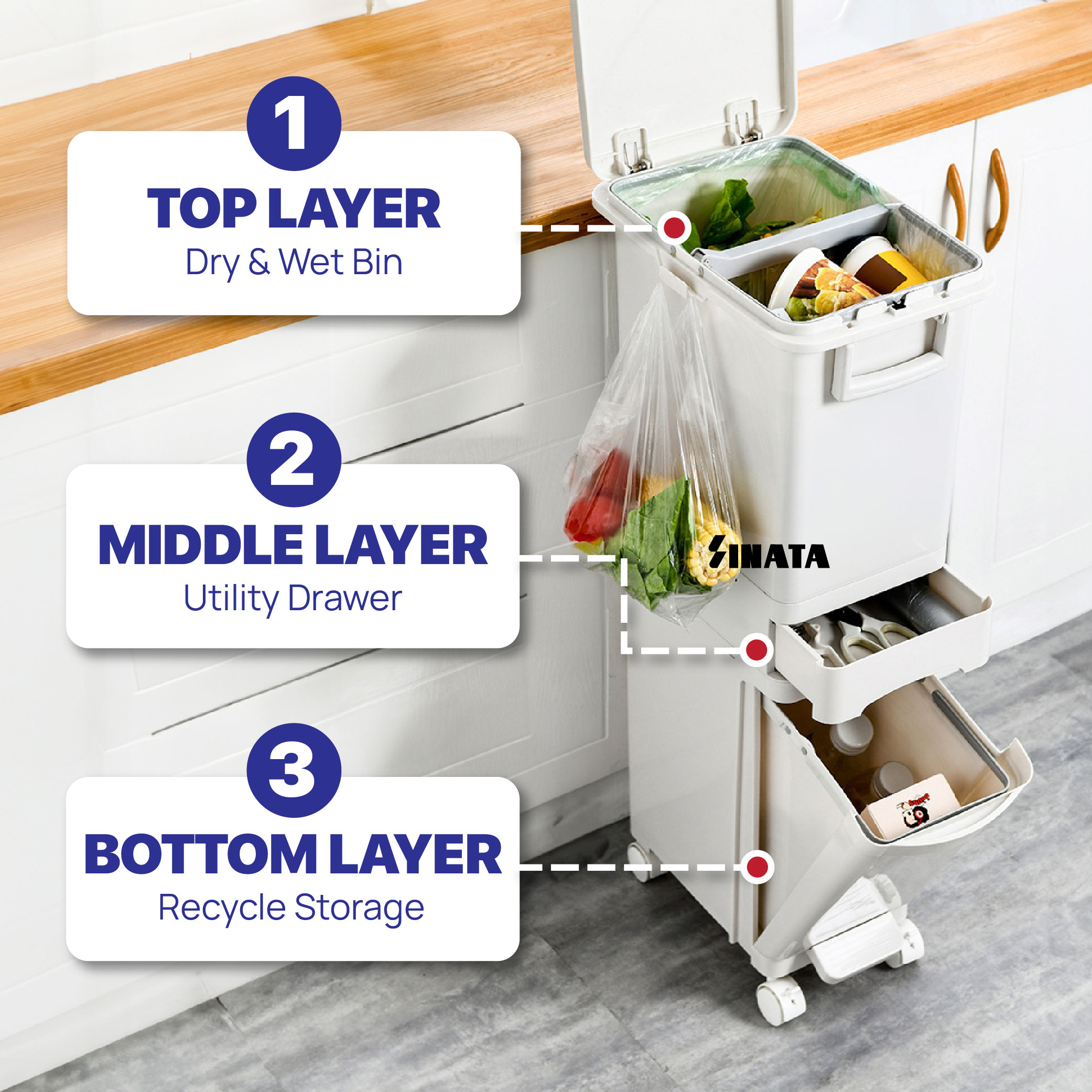 Dustbin with Lid Wheels Rubbish Bin Kitchen Trash Bin Recycle Garbage ...