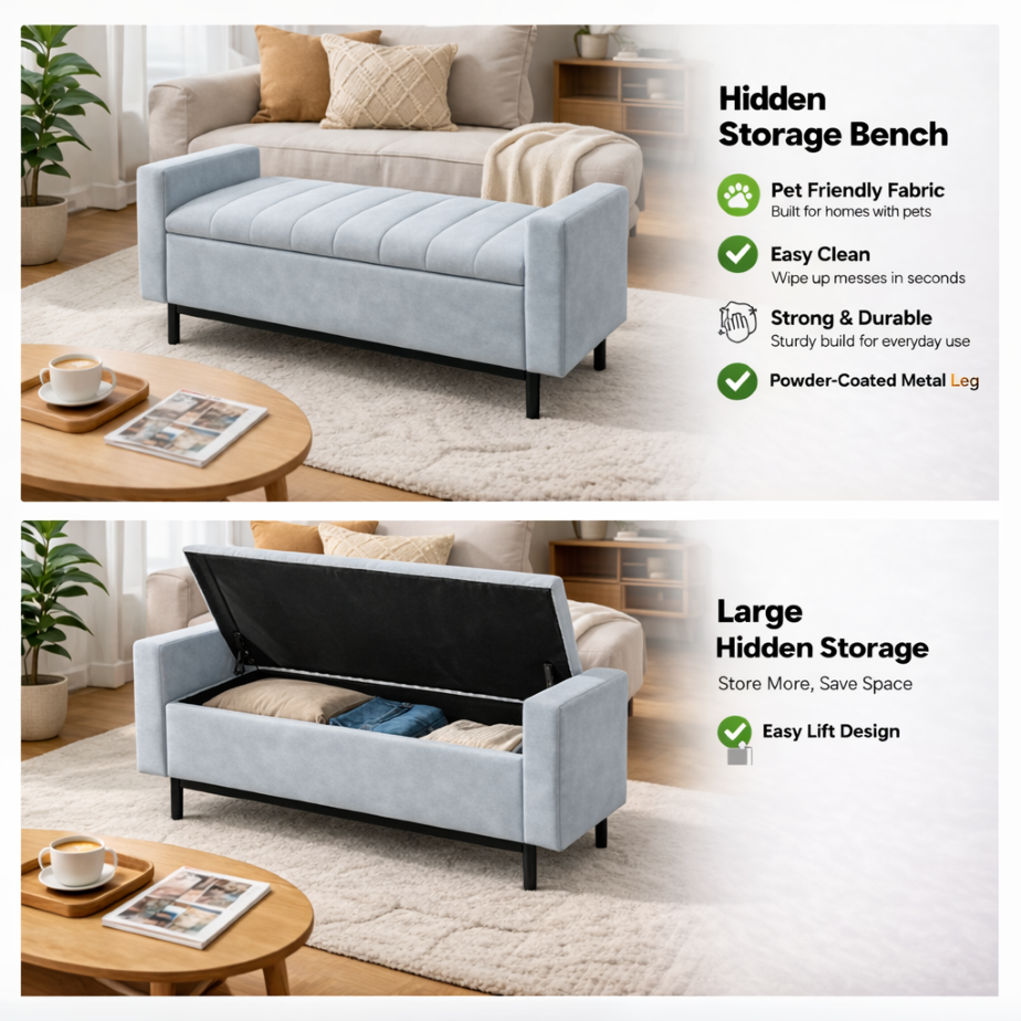 CHF ELLA Large Hidden Storage Bench Chair With Metal Leg color: Beige ...