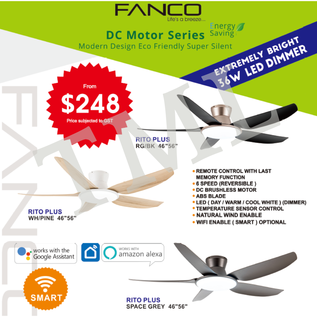 Fanco Rito Plus DC Ceiling Fan with Dimmable 36W LED Light – 46” / 56 ...