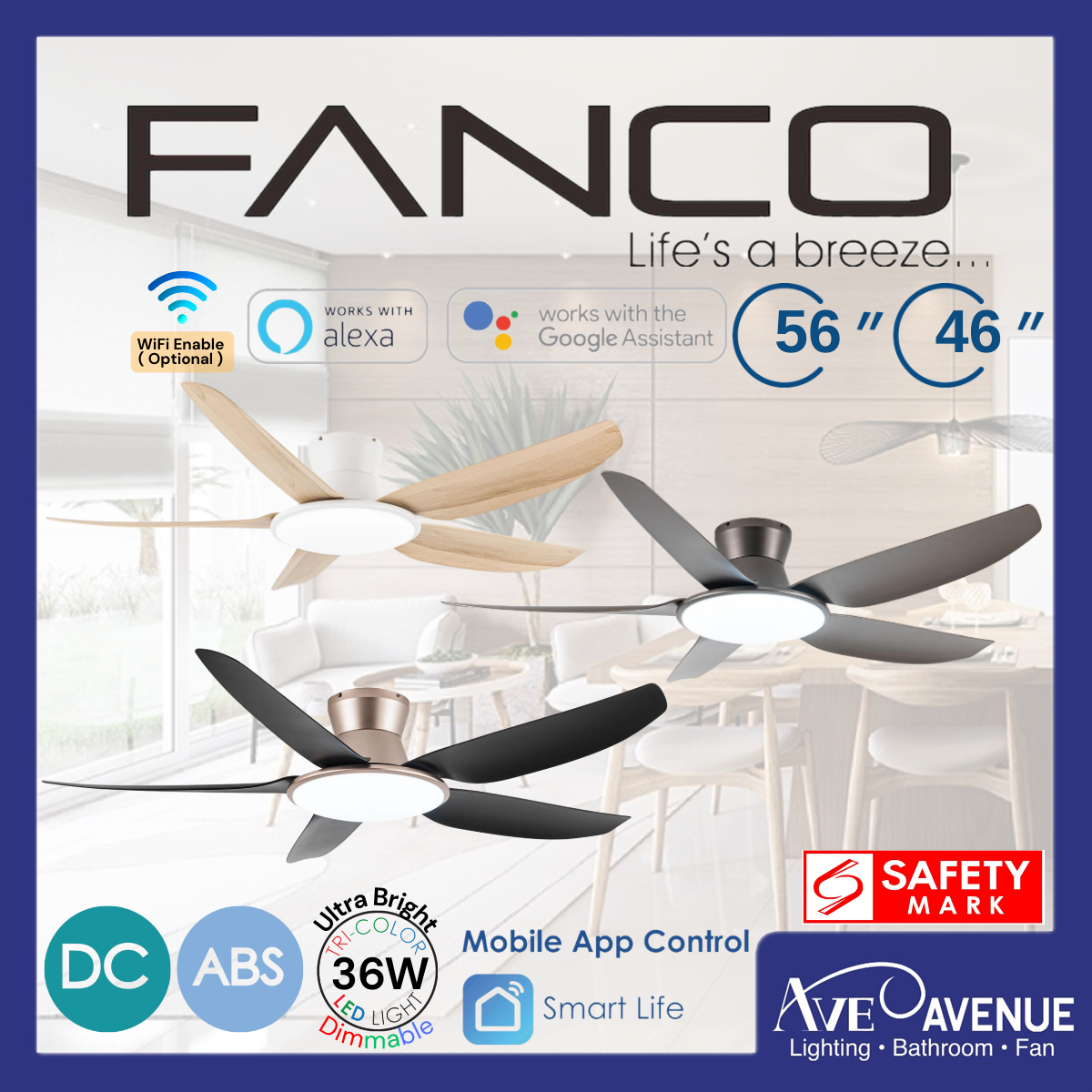 Fanco Rito Plus DC Motor Ceiling Fan Smart Wi-Fi 5 Blade 46/56 Inch ...