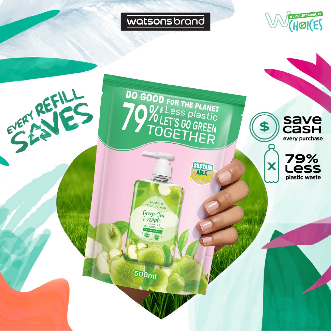 WATSONS Green Tea & Apple Scented Gel Hand Wash Refill Pack (Softening ...