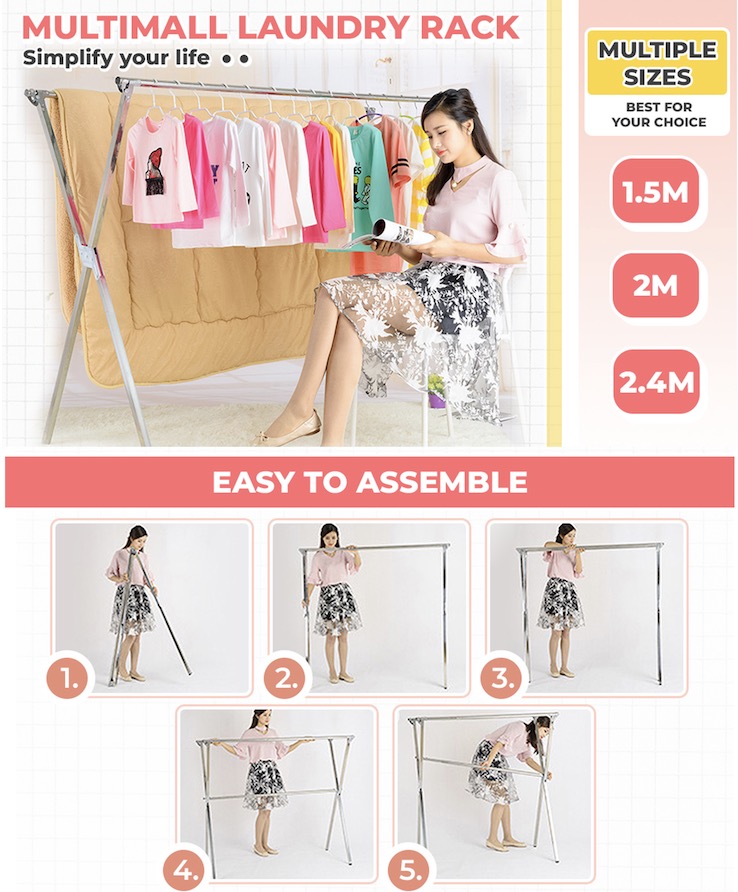 (SG Seller) Laundry Rack 1.5/2/2.4m Stainless Steel Rack| Foldable ...