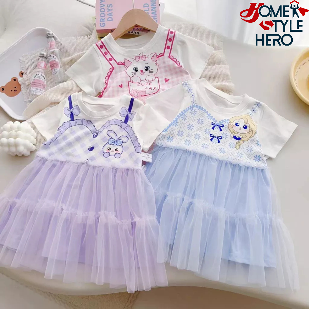[SG Stock] Girls Cartoon Dress Tutu Cooling Cotton Kids Pyjamas Set ...