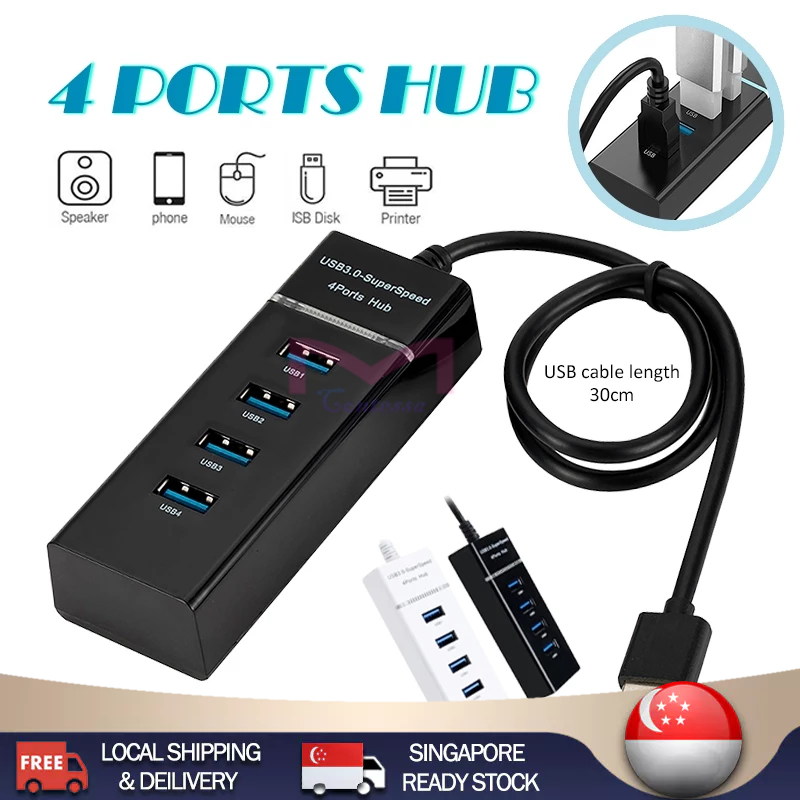 KingData USB 3.0 Hub – 4 Port High Speed Multi Splitter, Flat Cable, Desktop/Laptop