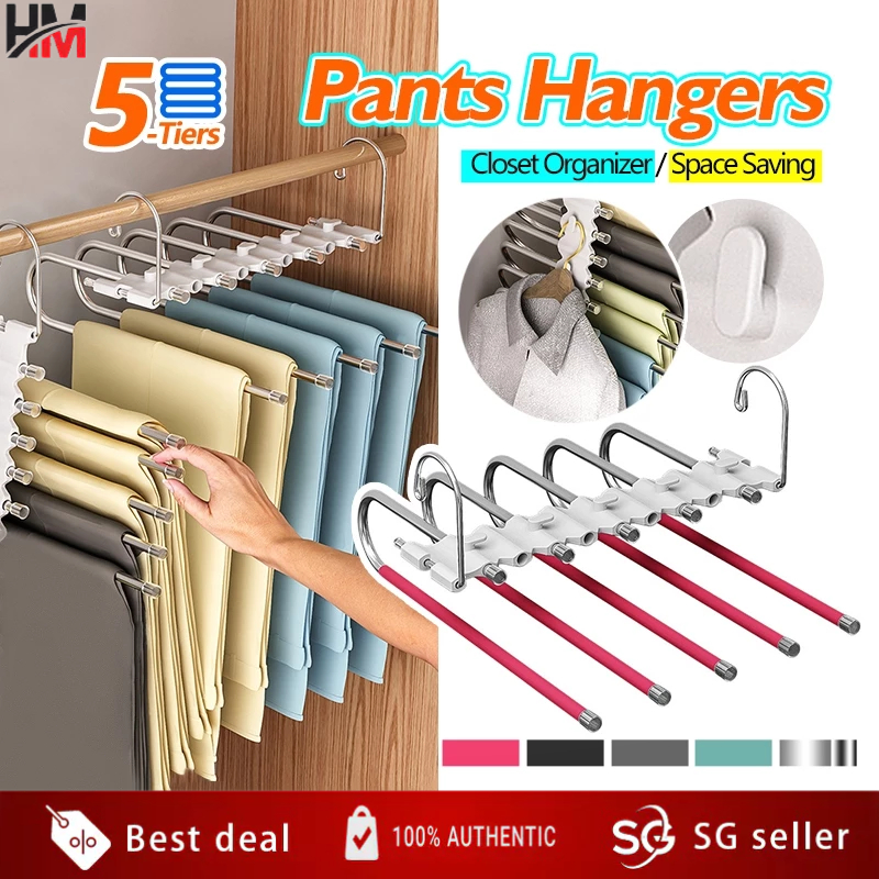 【HM】SG Stock Stainless Steel 5-tiers Pants Trousers Hangers/Closet ...