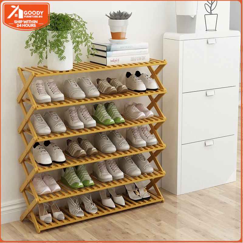 🌈Goody Foldable shoe rack Multi Layer Doorway Bamboo Shoe Rack Wooden ...