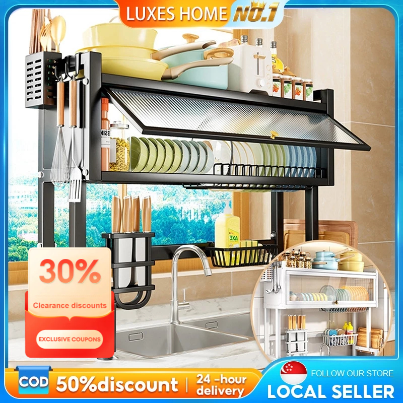 Kitchen Dish Rack Dish Cabinet Rack Over-The-Sink Drainer With Cover ...