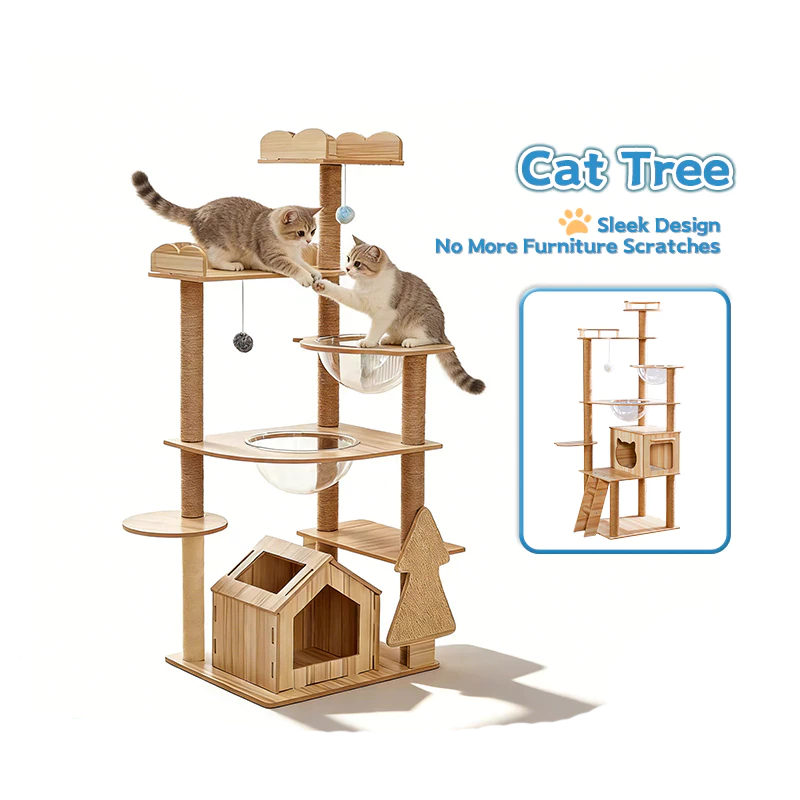 PAPI Cat Tree House Cat Scratching Posts Climbing Frame Wooden Nest Fun ...