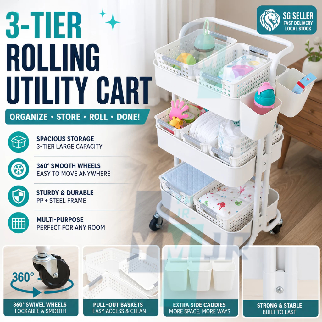 Local Ready Stock 3-Tier Rolling Utility Cart Full Set Mobile Storage ...