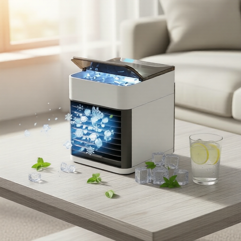 Portable mini desk with USB tower fan, cold air conditioner, water mist ...