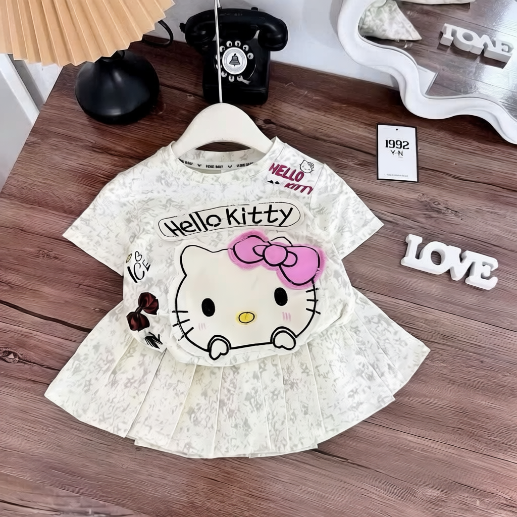 Set Váy Xếp Ly In Hình Hel Kitty Có Lót Trong Dành Cho Bé Gái Size 9-44kg Chất Liệu Cotton Mềm Mịn