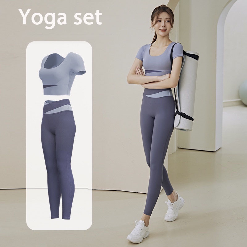 Yoga Suit Workout Clothes Set Stitching Contrast Color Navel-Exposed ...
